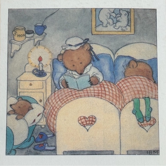 Vintage Ida Bohatta A Good Book Matted Lithograph Print Bears Read Whimsical - Picture 1 of 5